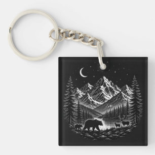 Mystic Mountain Wilderness Nacht im Linocut-Stil Schlüsselanhänger