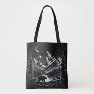 Mystic Mountain Wilderness Nacht im Linocut-Stil Tasche