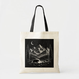 Mystic Mountain Wilderness Nacht im Linocut-Stil Tragetasche