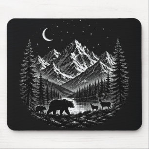 Mystic Mountain Wilderness Nacht im Linolschnitt-S Mousepad