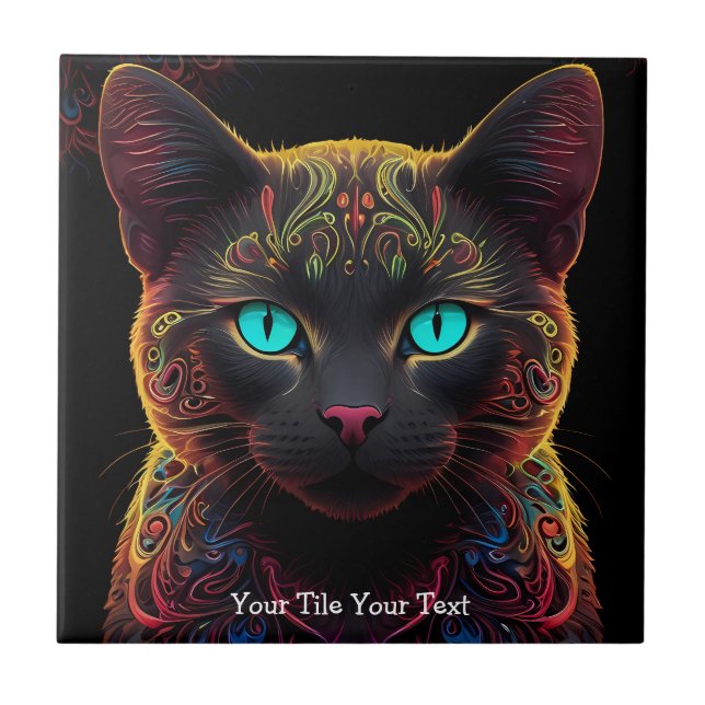 Mystic Neon Mandala Cat Psychedelic Feline Fantasy Fliese (Vorderseite)