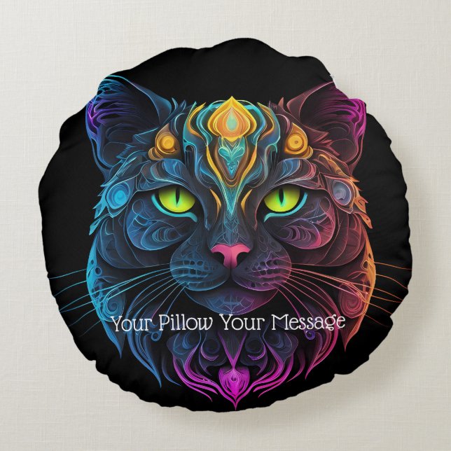 Mystic Neon Mandala Cat Psychedelic Feline Fantasy Rundes Kissen (Rückseite)