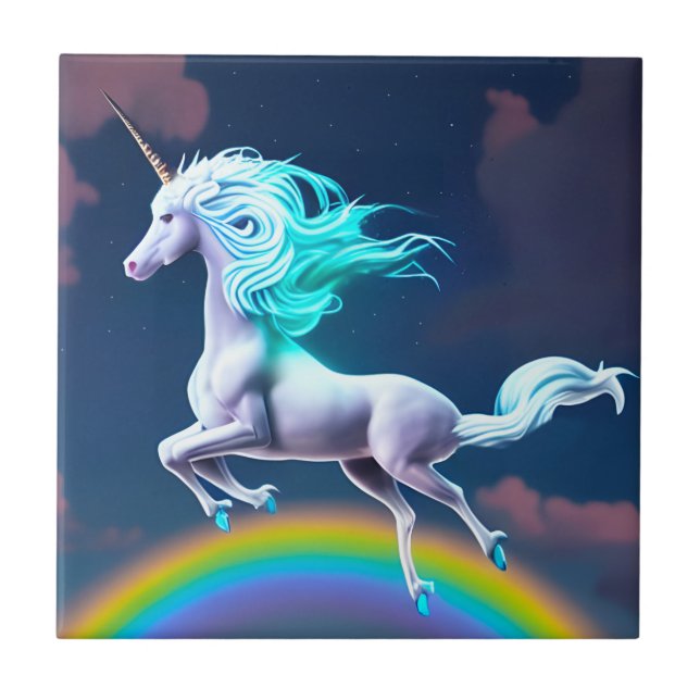 Mystic Night Flying Unicorn Rainbow Keramik Tile Fliese (Vorderseite)