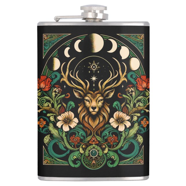 Mystic Pagan Stag and Moon Phase Flachmann (Vorderseite)