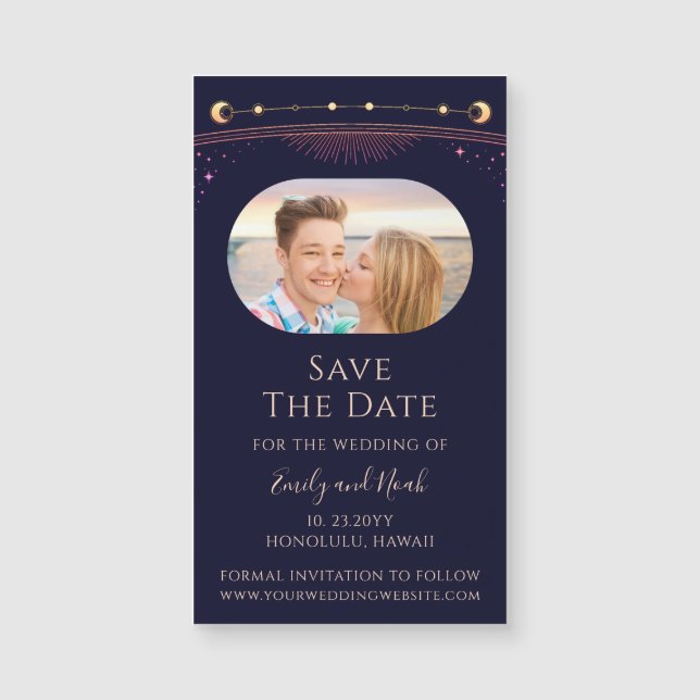 Mystic Rainbow Blue Sun Moon Stars Save the Date Magnetkarte (Vorderseite)