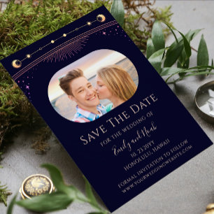 Mystic Rainbow Navy Blue Sun Moon Star Space Save The Date