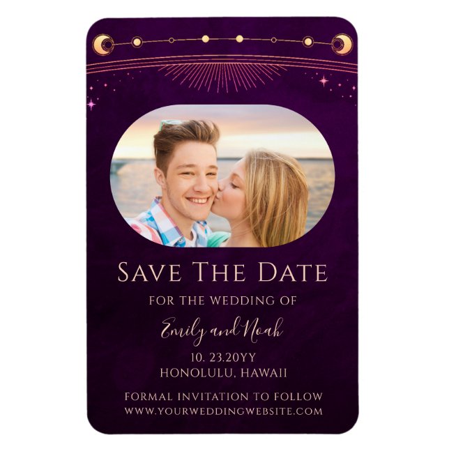 Mystic Rainbow Plum Sun Moon Star Save the Date Magnet (Vertikal)