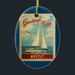 Mystic Sailboat Vintage Travel Connecticut Keramik Ornament<br><div class="desc">This Greetings From Mystic Connecticut vintage travel nautical design features a boat sailing on the water with seagulls and a blue sky filled with gorgeous puffy white clouds.</div>