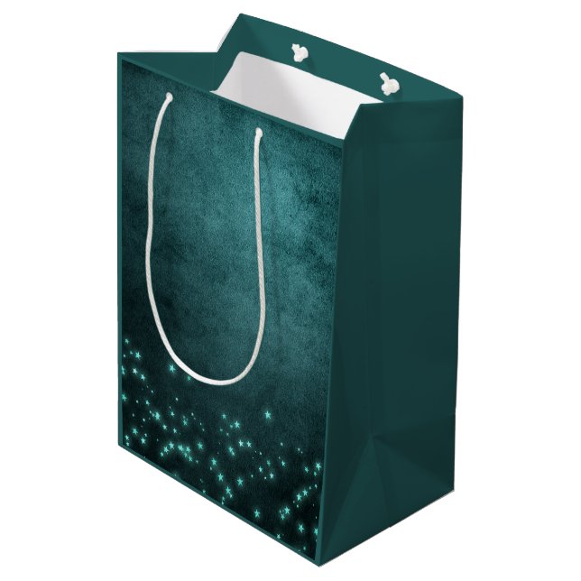 Mystic Twilight Stars | Tief Aquamarin grünes Neon Mittlere Geschenktüte (Rückseite Schrägansicht)