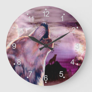 Mystic Wolf Howling am Mond Große Wanduhr
