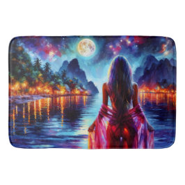 Mystic woman under full moon reflections art badematte