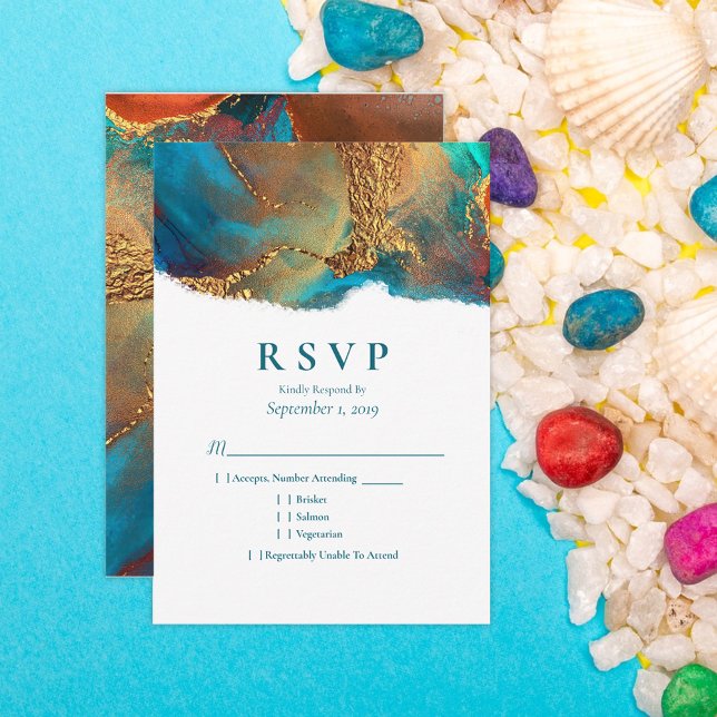 Mystical Abstrakt Aquamarin Coral Gold Wedding RSV RSVP Karte (Von Creator hochgeladen)