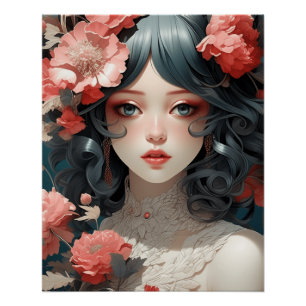 Mystical AI Anime Chic: Vintages Schwarzes Kleid Poster
