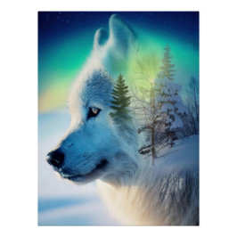Mystical Arctic Wolf & Aurora Borealis Double Expo Poster