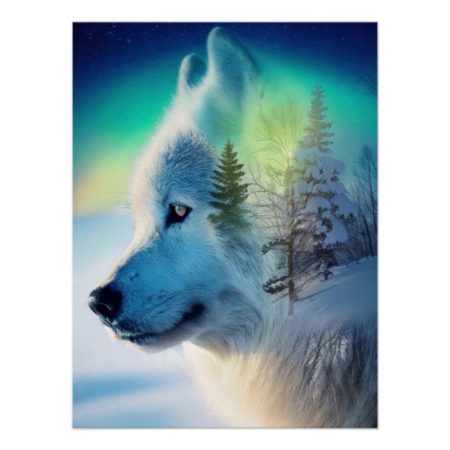 Mystical Arctic Wolf & Aurora Borealis Double Expo Poster (Vorderseite)