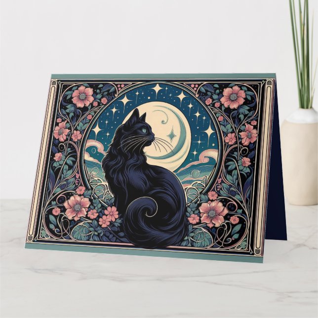 Mystical Black Cat Art Nouveau Karte (Vorderseite)