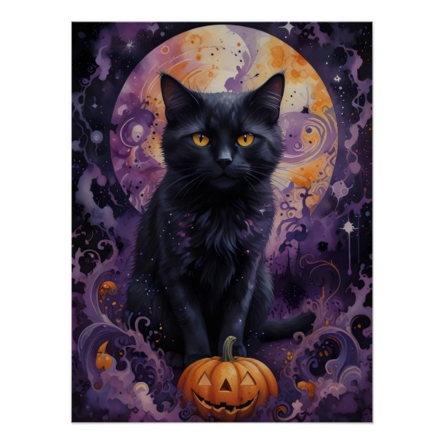 Mystical Black Cat Halloween Pumpkins Moonlight Poster (Vorderseite)