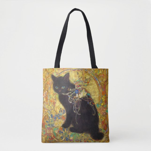 Mystical Black Cat in Golden Nihonga Tasche (Vorderseite)