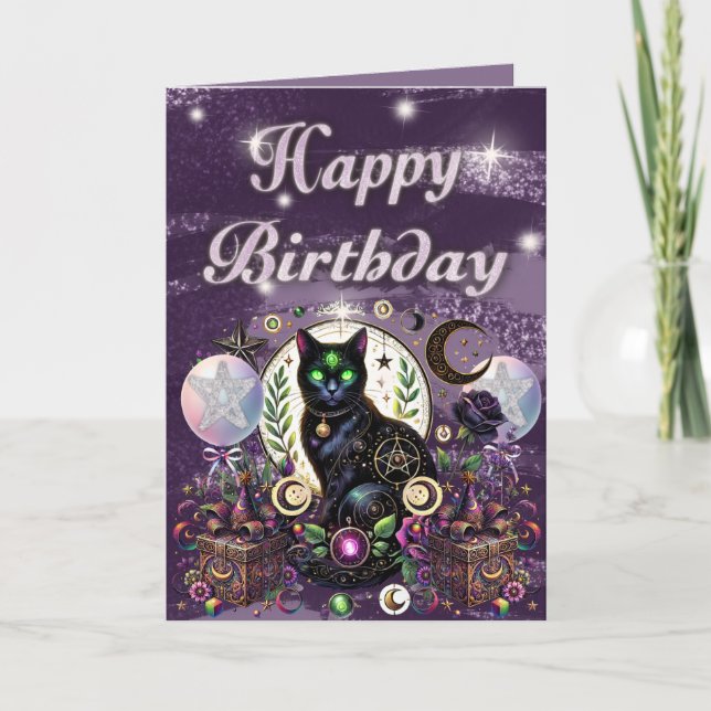 Mystical Black Cat Witchy Birthday Celestial Thema Karte (Vorderseite)