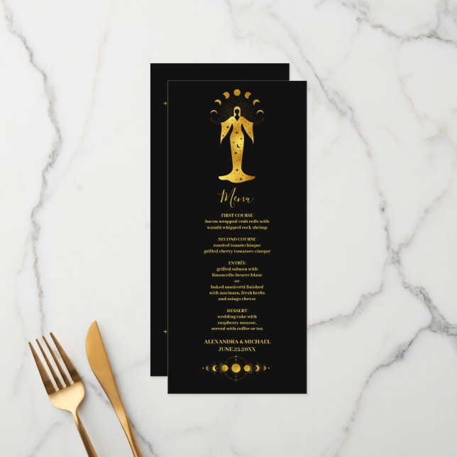 Mystical Black Gold Celestial Stars Menu Mariage (Devant/Arrière en situation)