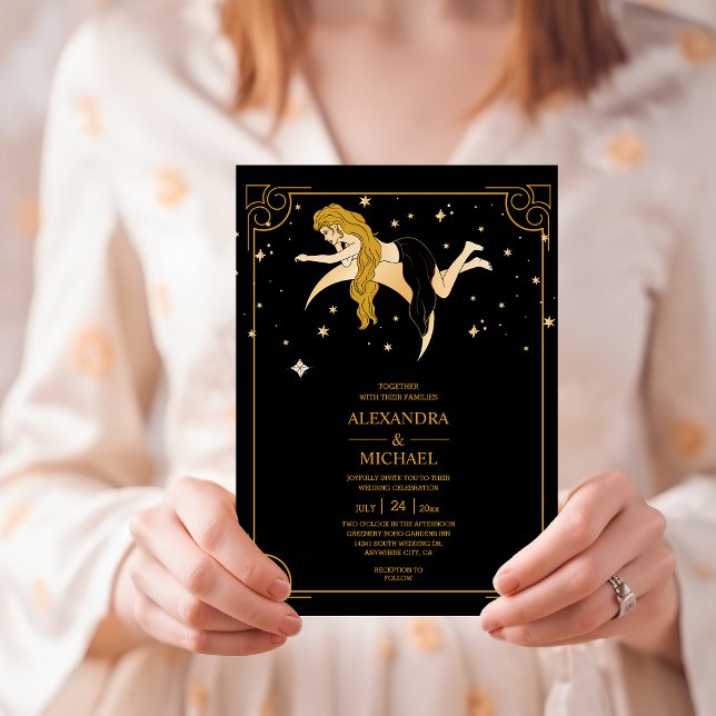 Mystical Black Gold Celestial Stars Wedding Invit Einladung (Von Creator hochgeladen)