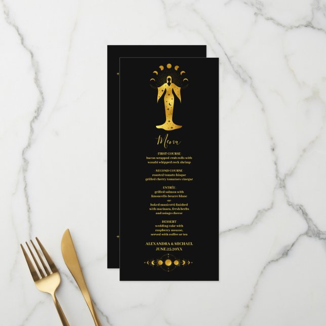 Mystical Black Gold Celestial Stars Wedding Menu Menükarte (Vorderseite/Rückseite Beispiel)