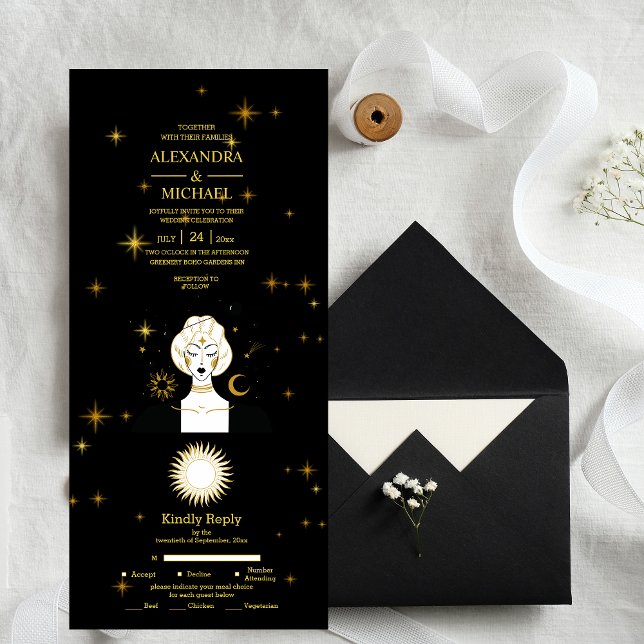 Mystical Black Gold Celestis Stars Wedding All In One Einladung (Von Creator hochgeladen)