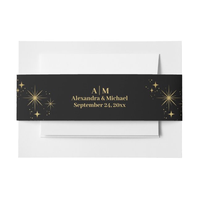 Mystical Black Gold Celestis Stars Wedding Einladungsbanderole (Vorderseite Beispiel)