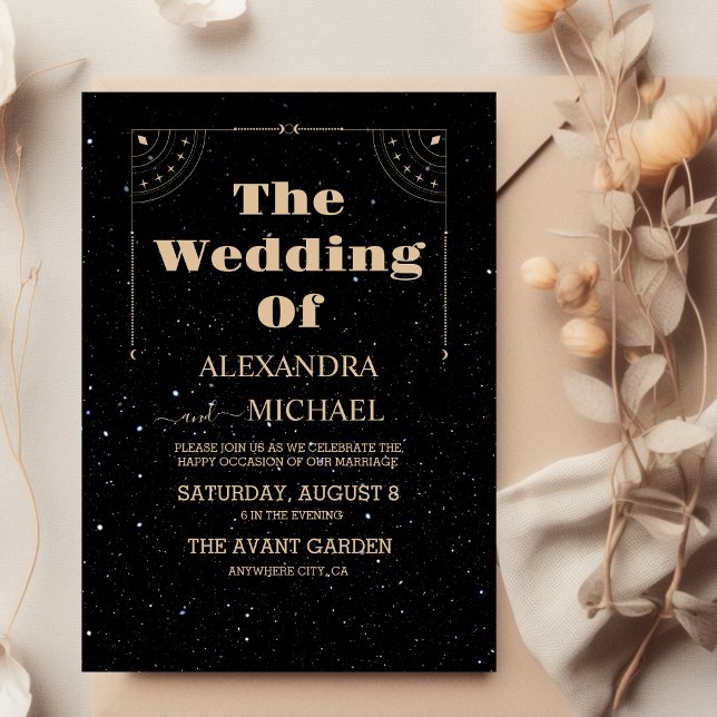 Mystical Black Gold Sun Moon Celestiding Wedding Einladung (Von Creator hochgeladen)