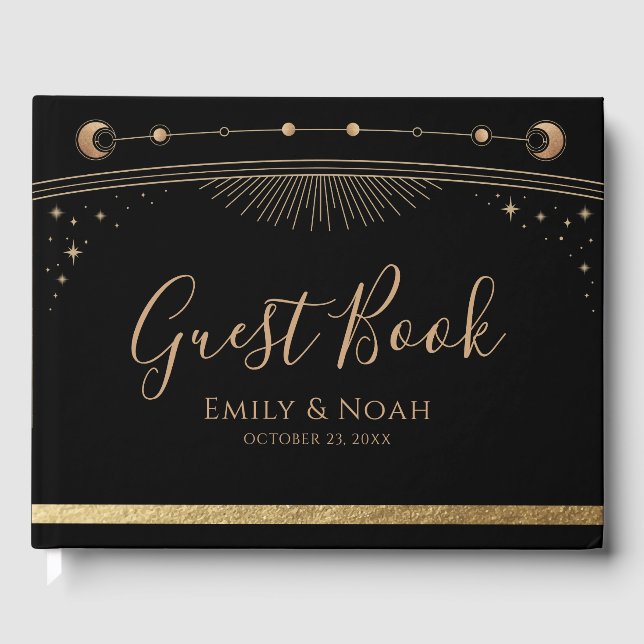 Mystical Black Gold Sun Moon Stars Hochzeit Gästebuch (Vorderseite)