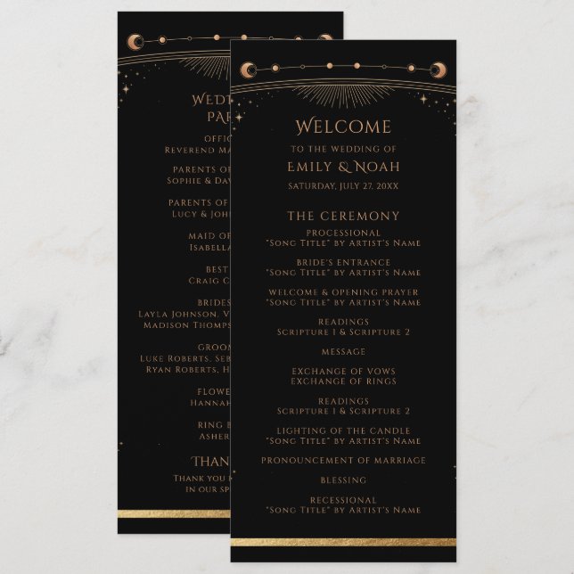 Mystical Black Gold Sun Moon Stars Hochzeit Programm (Vorne/Hinten)