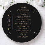 Mystical Black Gold Sun Moon Stars Space Wedding Menükarte<br><div class="desc">Mystical Black Gold Sun Moon Stars Space Wedding Menu Cards mit einfachen goldenen Sternen auf einem schwarzen Hintergrund mit Menüdetails in der Mitte in modernen Gold Kalligraphie-Skript. Personalisieren Sie den Text durch Bearbeiten in den bereitgestellten Textfeldern. Von Evco Studio entworfen www.zazzle.com/store/evcostudio</div>