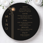 Mystical Black Gold Sun Moon Stars Space Wedding Menükarte<br><div class="desc">Mystical Black Gold Sun Moon Stars Space Wedding Menu Cards mit einfachen goldenen Sternen auf einem schwarzen Hintergrund mit Menüdetails in der Mitte in modernen Gold Kalligraphie-Skript. Personalisieren Sie den Text durch Bearbeiten in den bereitgestellten Textfeldern. Entworfen für Sie von Evco Studio © unter www.zazzle.com/store/evcostudio</div>