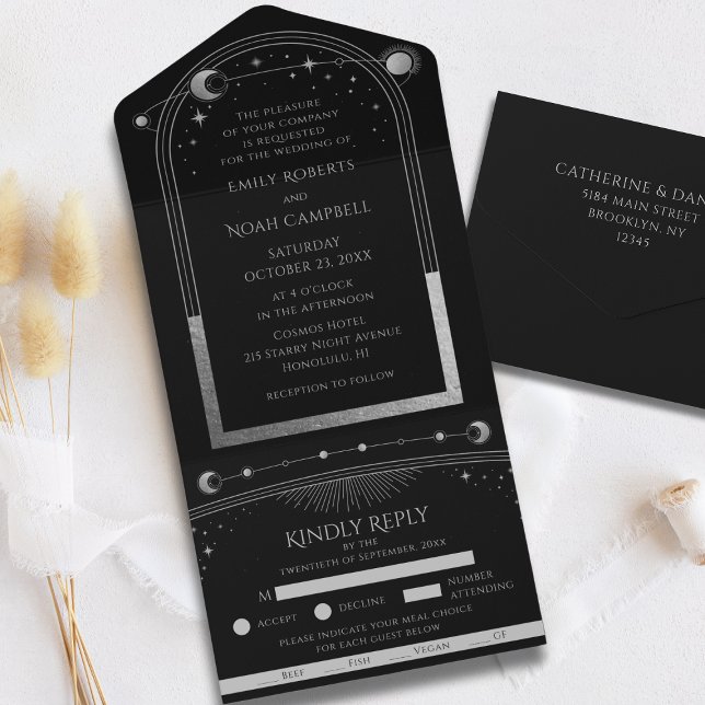 Mystical Black Silver Sun Moon Astronomie Hochzeit All In One Einladung (Von Creator hochgeladen)