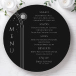 Mystical Black Silver Sun Moon Space Hochzeit Menükarte<br><div class="desc">Mystical Black Silver Sun Moon Stars Space Wedding Menu Cards mit einfachen silbernen Sternen auf schwarzem Hintergrund mit Ihren Menüdetails in der Mitte in modernen silberfarbenen Schrift. Personalisieren Sie den Text durch Bearbeiten in den bereitgestellten Textfeldern. Designed by ©2022 Evco Studio www.zazzle.com/store/evcostudio</div>