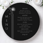 Mystical Black Silver Sun Moon Space Hochzeit Menükarte<br><div class="desc">Mystical Black Silver Sun Moon Stars Space Wedding Menu Cards mit einfachen silbernen Sternen auf schwarzem Hintergrund mit Ihren Menüdetails in der Mitte in modernen silberfarbenen Schrift. Personalisieren Sie den Text durch Bearbeiten in den bereitgestellten Textfeldern. Designed by ©2022 Evco Studio www.zazzle.com/store/evcostudio</div>