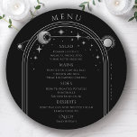 Mystical Black Silver Sun Moon Space Hochzeit Menükarte<br><div class="desc">Mystical Black Silver Sun Moon Stars Space Wedding Menu Cards verfügen über einen silbernen Rahmen aus Sonne,  Mond und Sternen auf schwarzem Hintergrund mit Menüdetails in der Mitte in modernen silbernen Kalligraphie-Skript. Personalisieren Sie den Text durch Bearbeiten in den bereitgestellten Textfeldern. Von Evco Studio entworfen www.zazzle.com/store/evcostudio</div>