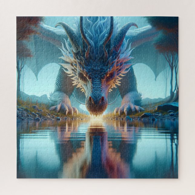 Mystical Blue Dragon betrachtet Reflektion in Wass (Vertikal)