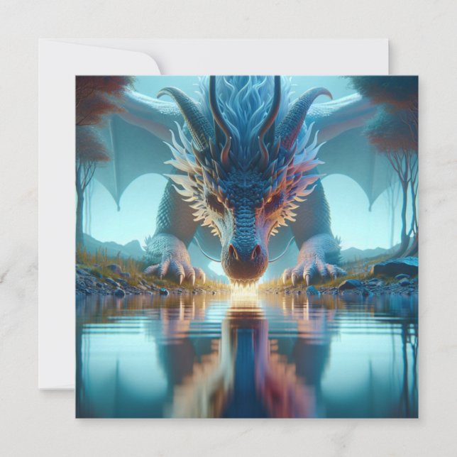 Mystical Blue Dragon betrachtet Reflektion in Wass (Vorderseite)