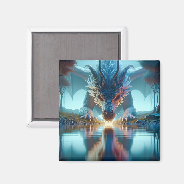 Mystical Blue Dragon betrachtet Reflektion in Wass Magnet (Vorderseite/Rückseite)