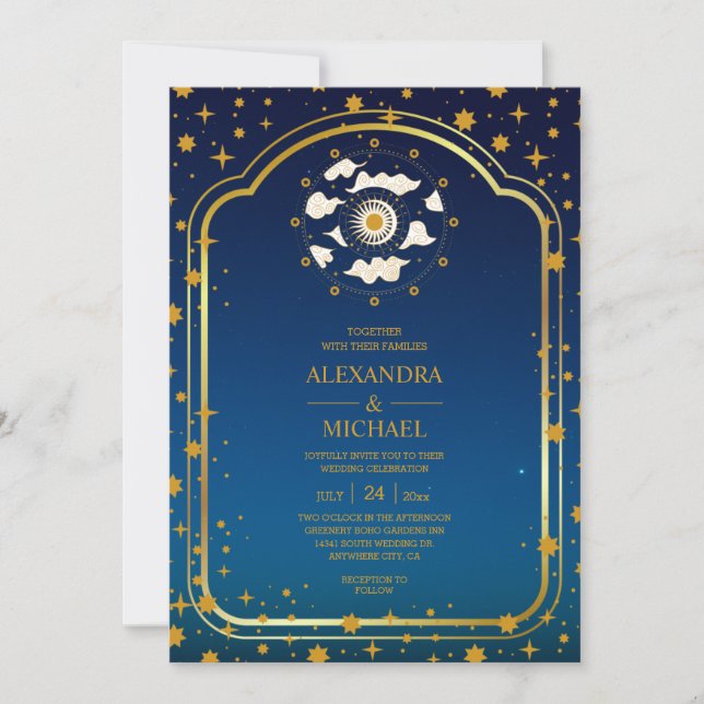 Mystical Blue Gold Celestis Stars Wedding Invita Einladung (Vorderseite)