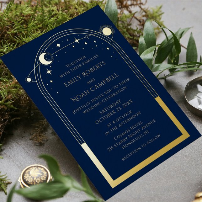 Mystical Blue Gold Sun Moon Astronomie Space Folieneinladung (Von Creator hochgeladen)