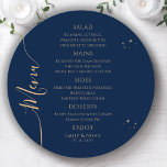Mystical Blue Gold Sun Moon Stars Space Wedding Menükarte<br><div class="desc">Mystical Blue Gold Sun Moon Stars Space Wedding Menu Cards verfügen über einfache goldene Sterne auf blauem Hintergrund mit Menüdetails in der Mitte in modernen goldenen Kalligraphie-Skripten. Personalisieren Sie den Text durch Bearbeiten in den bereitgestellten Textfeldern. Entworfen für Sie von Evco Studio © unter www.zazzle.com/store/evcostudio</div>