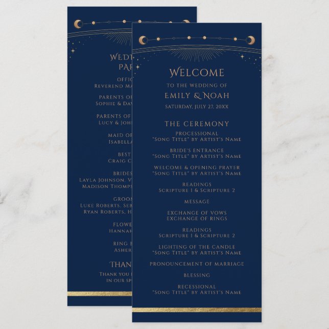 Mystical Blue Gold Sun Star Moon Astronomie Hochze Programm (Vorne/Hinten)