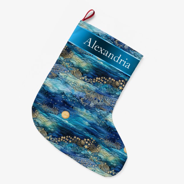 Mystical Blue Gold Weihnachtsname Großer Weihnachtsstrumpf (Vorderansicht (hängend))