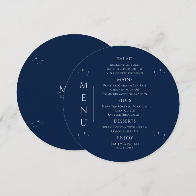 Mystical Blue Silver Sun Moon Stars Space Wedding Menükarte (Vorne/Hinten)
