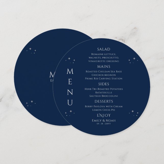 Mystical Blue Silver Sun Moon Stars Space Wedding Menükarte (Vorne/Hinten)