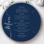 Mystical Blue Silver Sun Moon Stars Space Wedding Menükarte<br><div class="desc">Mystical Blue Silver Sun Moon Stars Space Wedding Menu Cards mit einfachen silbernen Sternen auf blauem Hintergrund mit Ihren Menüdetails in der Mitte in modernen silberfarbenen Schrift. Personalisieren Sie den Text durch Bearbeiten in den bereitgestellten Textfeldern. Entwickelt für Sie von ©Evco Studio unter www.zazzle.com/store/evcostudio</div>