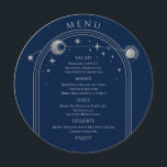 Mystical Blue Silver Sun Moon Stars Space Wedding Menükarte<br><div class="desc">Mystical Blue Silver Sun Moon Stars Space Wedding Menu Cards verfügen über einen silbernen Rahmen aus Sonne, Mond und Sternen auf einem blauen Hintergrund mit Menüdetails in der Mitte in modernen silbernen Kalligraphie-Skript. Personalisieren Sie den Text durch Bearbeiten in den bereitgestellten Textfeldern. Entwickelt für Sie von ©Evco Studio unter www.zazzle.com/store/evcostudio...</div>