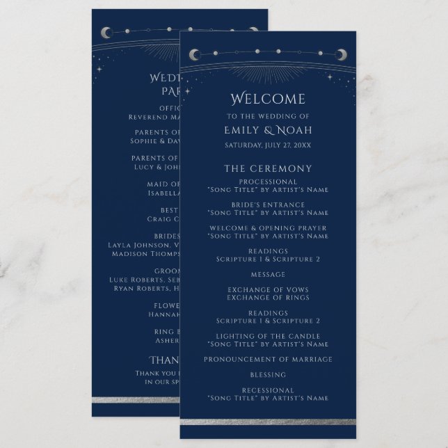 Mystical Blue Silver Sun Star Moon Space Wedding Programm (Vorne/Hinten)
